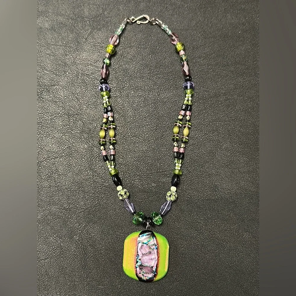 Dichroic Glass Pendant & Glass Beads Shepherd Hook Necklace